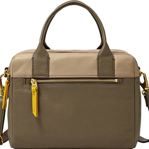 FOSSIL Erin Colourblocked Satchel Leather Khaki Beige Double Zip Carry Bag - Picture 3 of 15